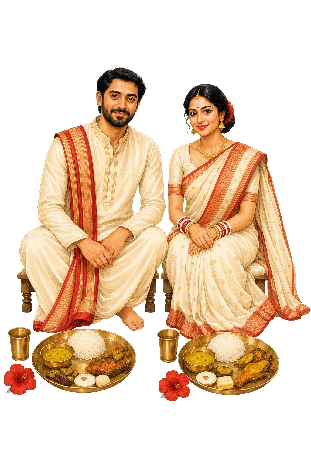 Arjun and Nandini seated for a traditional Aiburo Bhaat meal