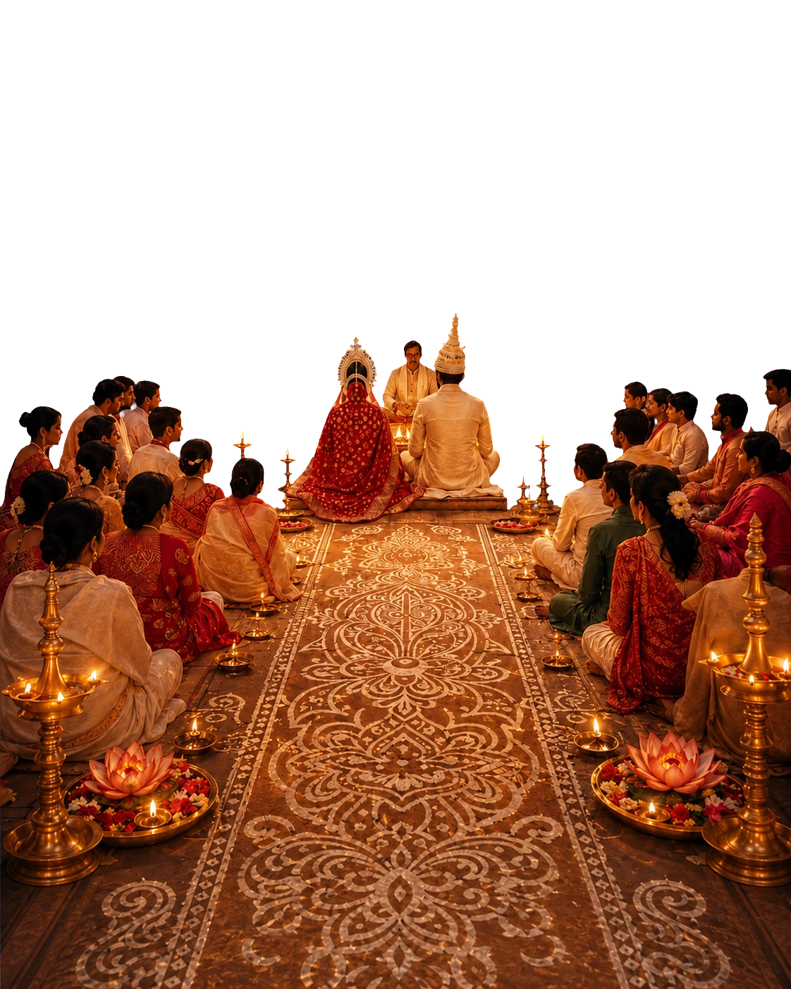 Arjun and Nandini seated with their families for a traditional Bengali wedding ceremony