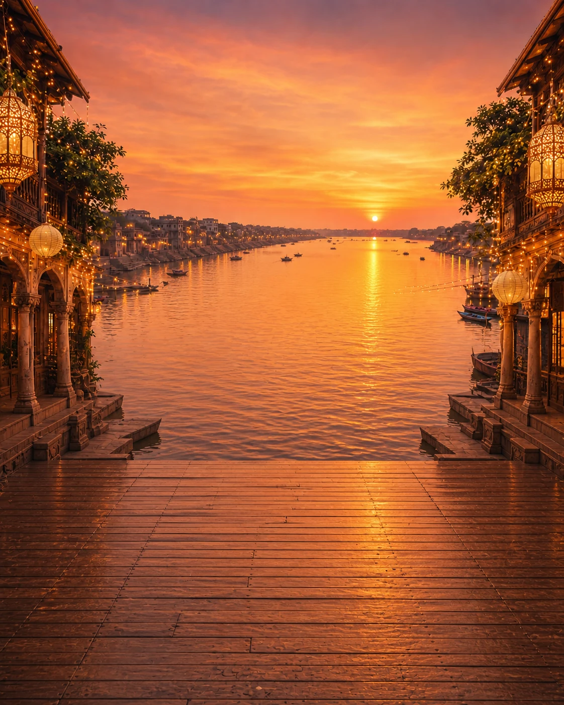 Sunset over the Hooghly river and the illuminated ghats